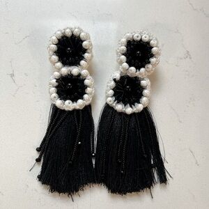 Elegant Black and White Beaded Handmade Tassel Earrings